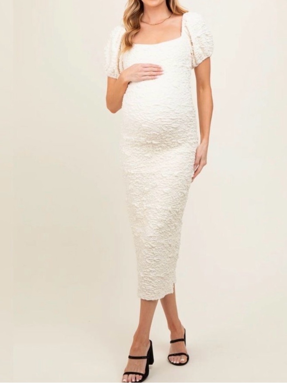 Worth Collective Textured Cream Maternity Midi Dress with Puff Sleeves